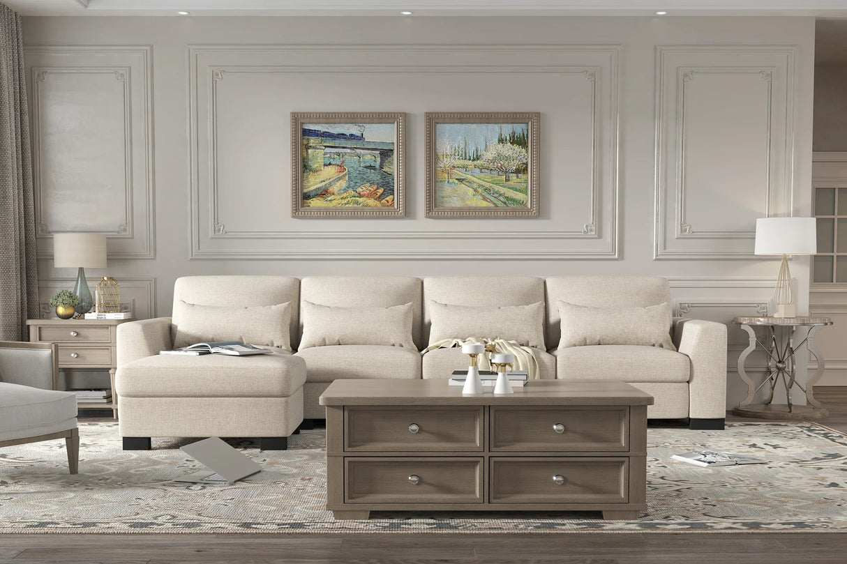 Beige Modular L-Shaped 5-Seat Foam Cushion Sofa With Ottoman - Omega Lifestyles