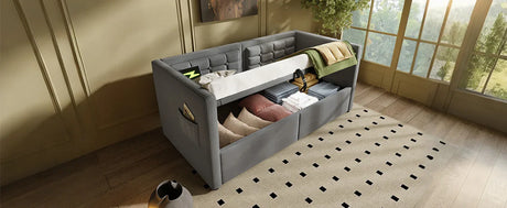 Twin Gray Velvet Upholstered Hydraulic Storage Daybed With USB Charging - Omega Lifestyles