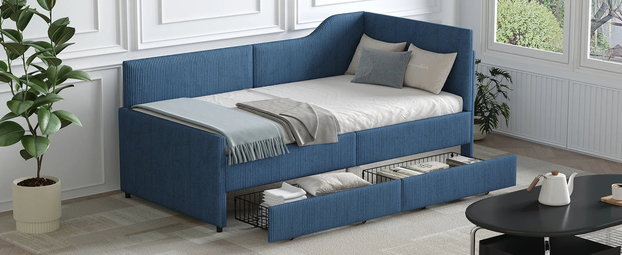 Twin L-Shaped Upholstered Corduroy Daybed With Drawers - Omega Lifestyles