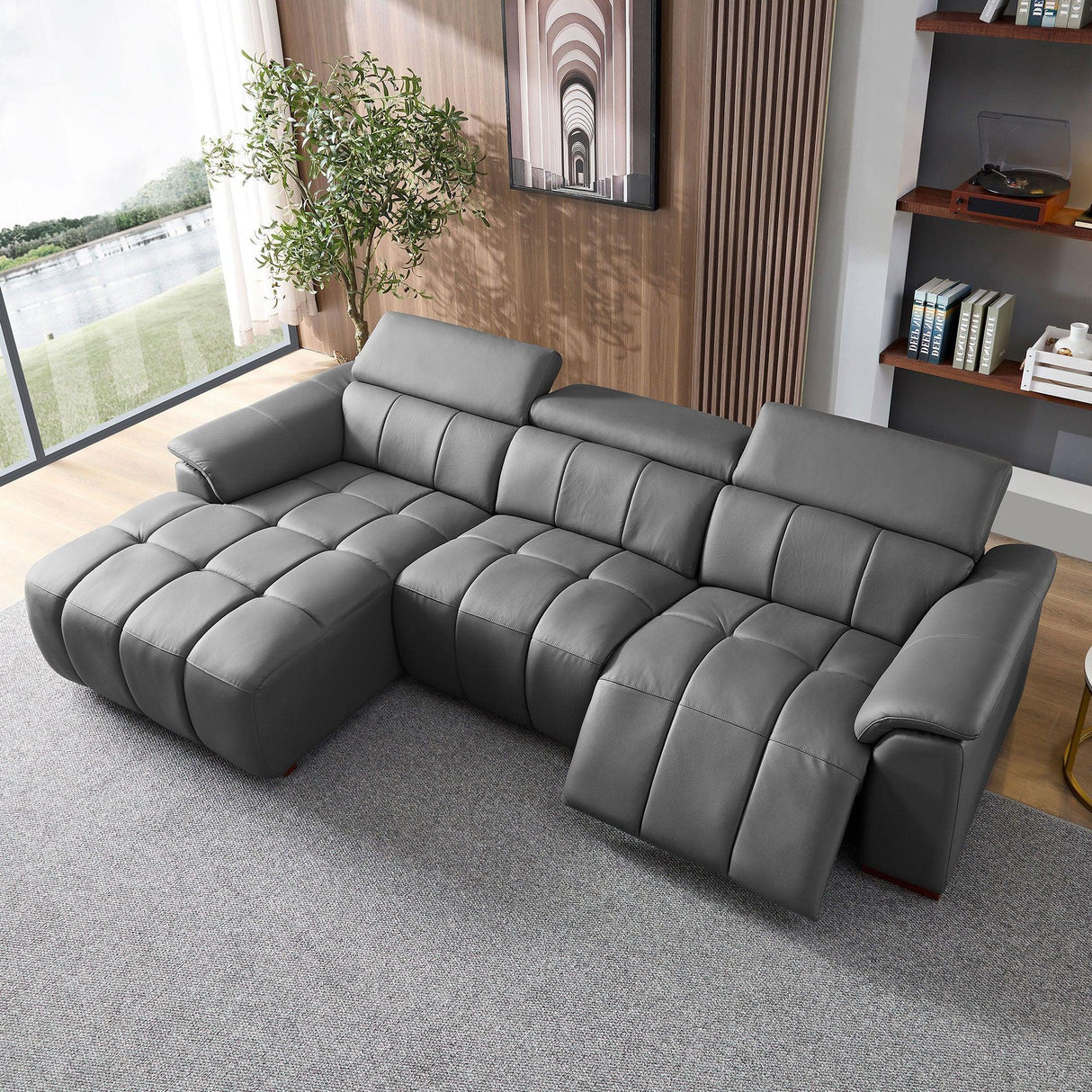Electric Reclining Genuine Leather L-Shaped Chaise Sofa - Omega Lifestyles