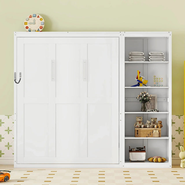 Queen Murphy Bed Wall Bed With Shelves White Solid Wood - Omega Lifestyles
