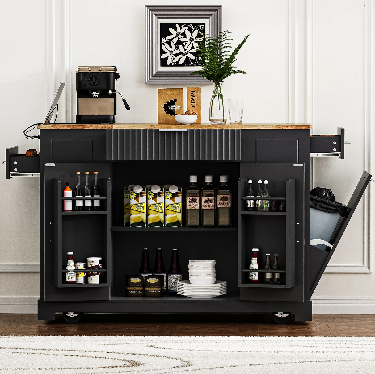 Fluted Rubber Wood Kitchen Island With Trash Can Cabinet - Omega Lifestyles