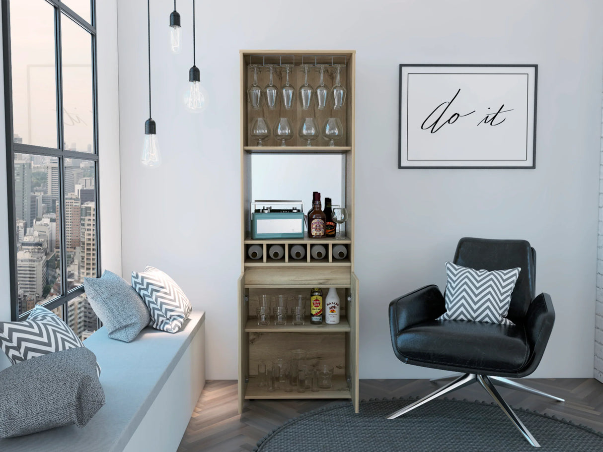 Light Oak 71-Inch Bar Cabinet With Wine Glass Rack - Omega Lifestyles