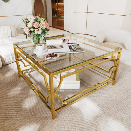 Modern Square Glass Coffee Table With Gold Metal Frame - Omega Lifestyles