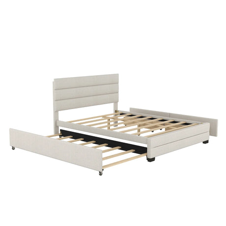 Queen Upholstered Platform Bed With Twin Trundle And Storage Drawers - Omega Lifestyles