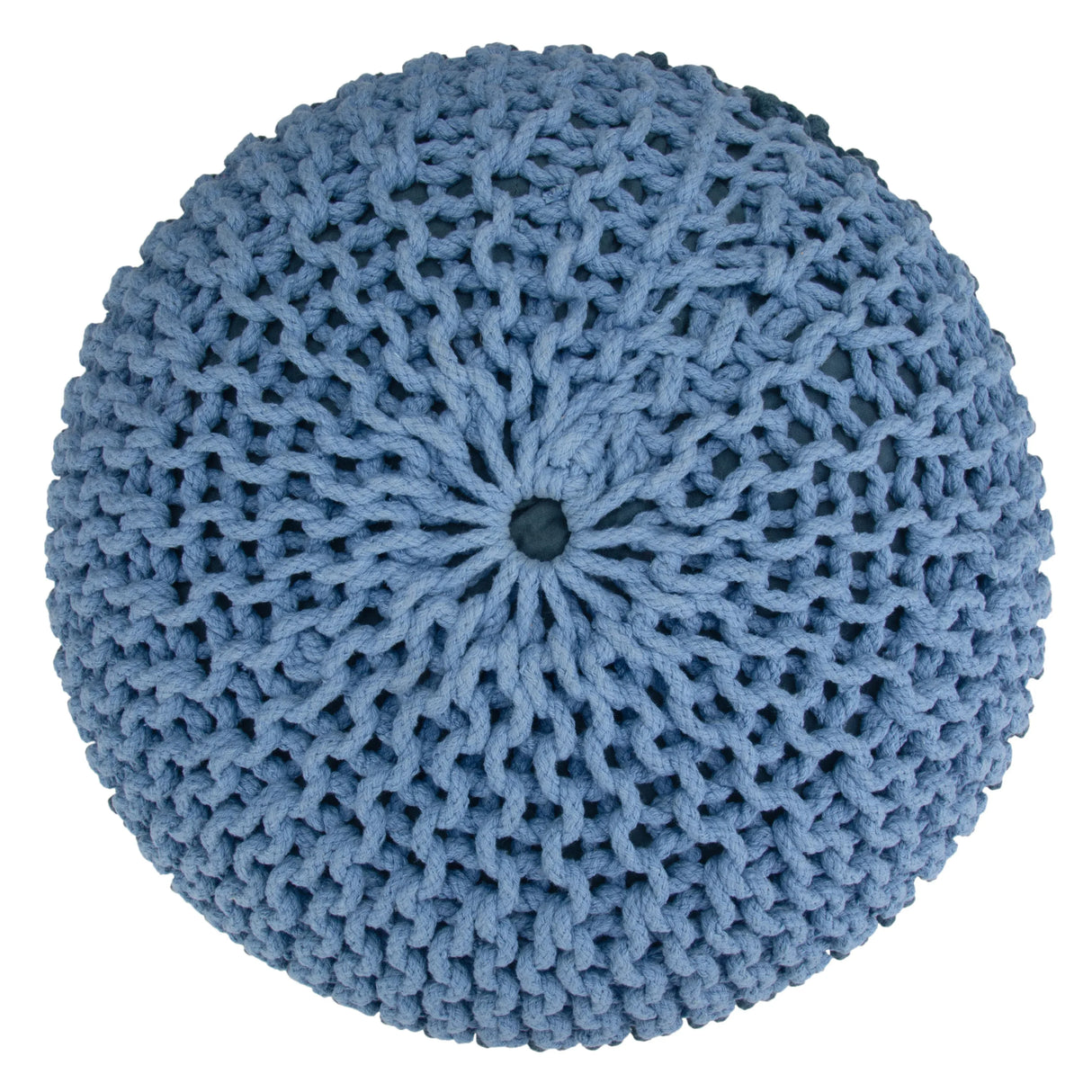 Hand Knit Round Blue Fabric Pouf Accent Stool - Omega Lifestyles