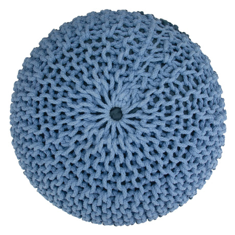 Hand Knit Round Blue Fabric Pouf Accent Stool - Omega Lifestyles