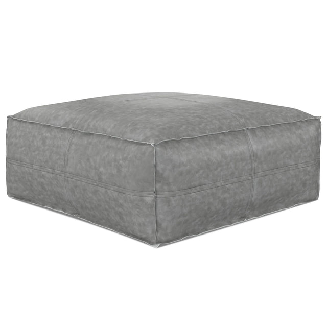 Distressed Grey Vegan Faux Leather Square Pouf Stool - Omega Lifestyles