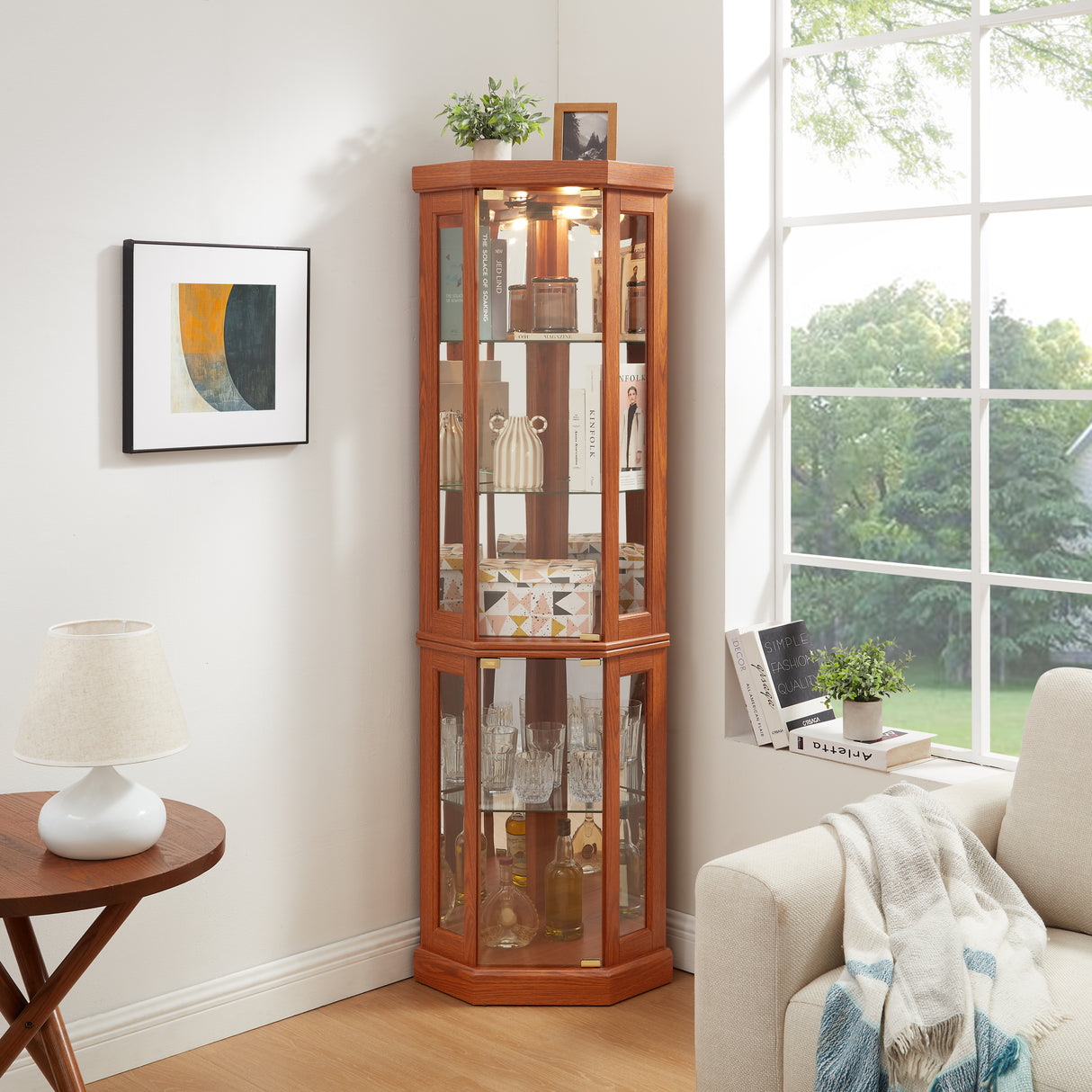 Lighted Corner Curio Cabinet With Adjustable Glass Shelves
