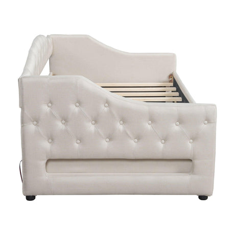 Twin XL Linen Upholstered Daybed With LED Lighting And Drawers - Omega Lifestyles