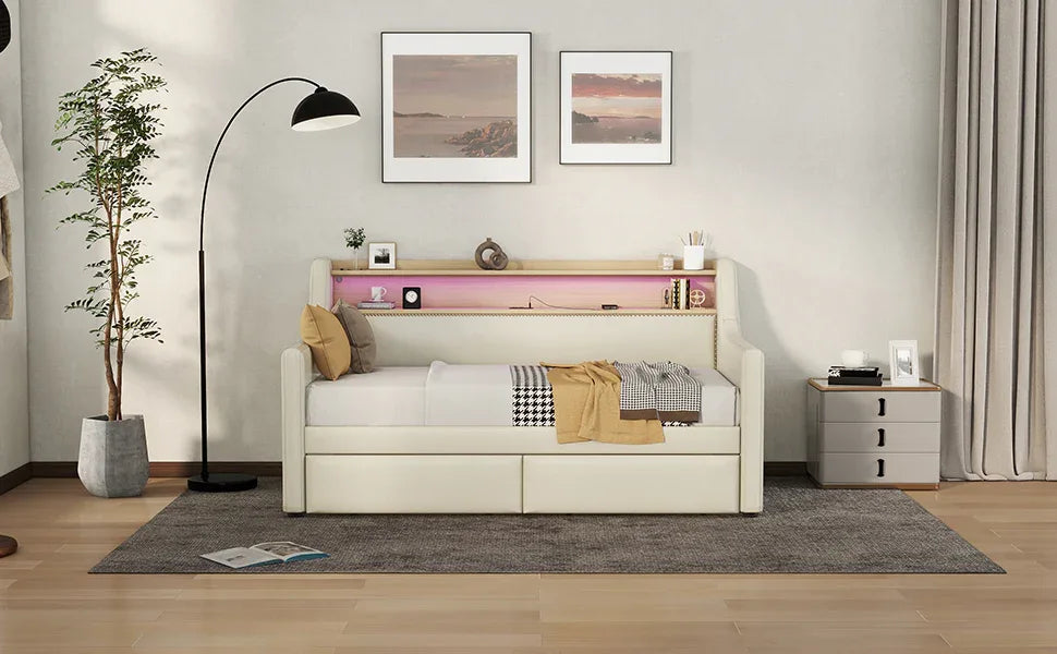 Twin PU Leather Daybed With Storage Drawers Charging Station - Omega Lifestyles