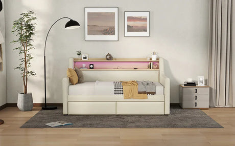 Twin PU Leather Daybed With Storage Drawers Charging Station - Omega Lifestyles