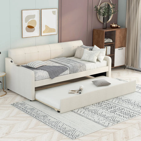 Twin Beige Upholstered Daybed With Trundle And USB Charging - Omega Lifestyles