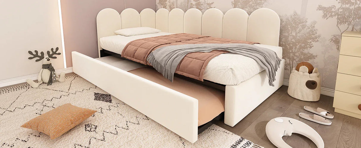 Beige Velvet L-Shaped Twin Daybed With Pull-Out Trundle - Omega Lifestyles