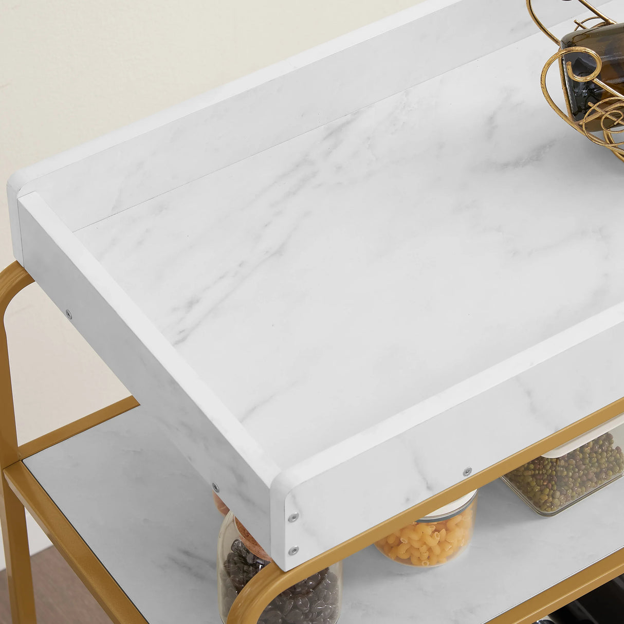 Gold Two-Tier Metal Bar Cart With Wine Rack and Wheels - Omega Lifestyles