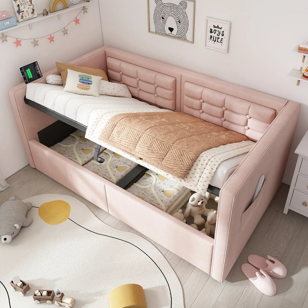 Twin Pink Velvet Upholstered Hydraulic Storage Bed Frame - Omega Lifestyles