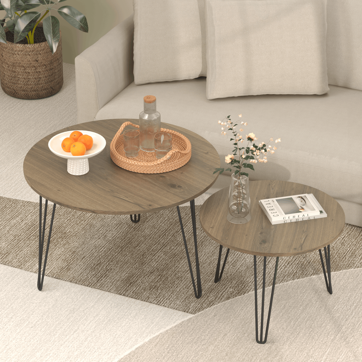 Set of 2 Rustic Brown Round Nesting Coffee Tables - Sleep Galleria