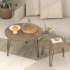 Set of 2 Rustic Brown Round Nesting Coffee Tables - Omega Lifestyles