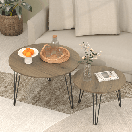 Set of 2 Rustic Brown Round Nesting Coffee Tables - Sleep Galleria