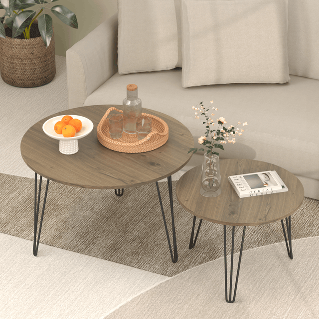 Set of 2 Rustic Brown Round Nesting Coffee Tables - Sleep Galleria