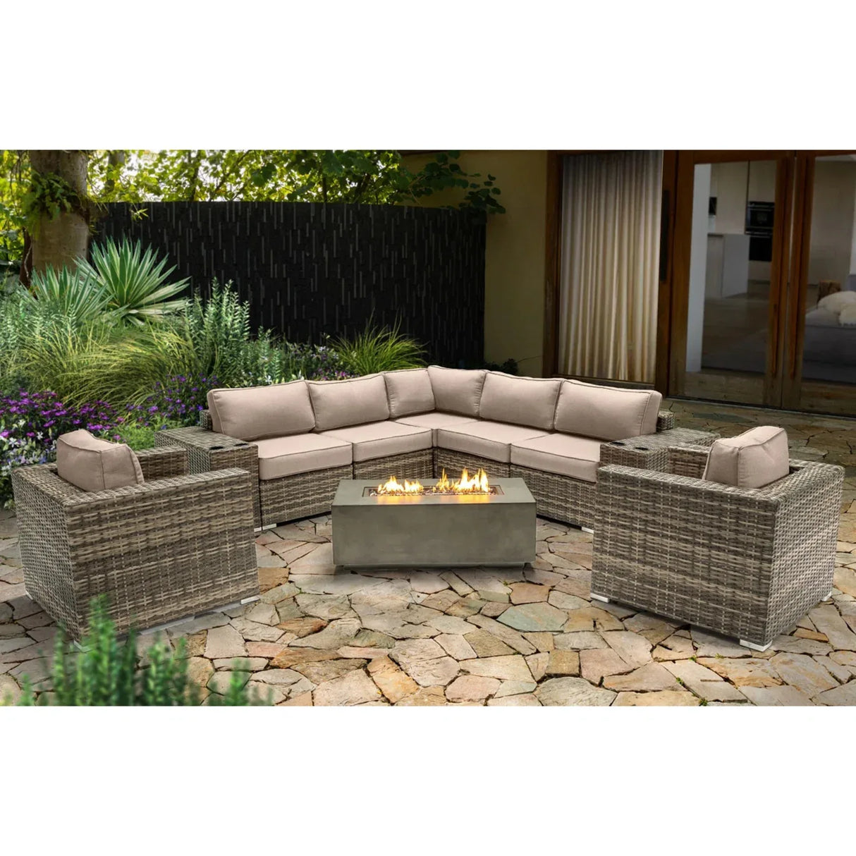 6-Person Grey Wicker Outdoor Seating Set With Fire Pit - Omega Lifestyles