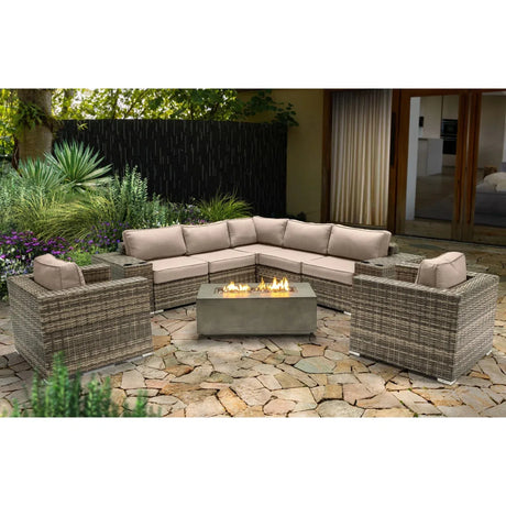 6-Person Grey Wicker Outdoor Seating Set With Fire Pit - Omega Lifestyles
