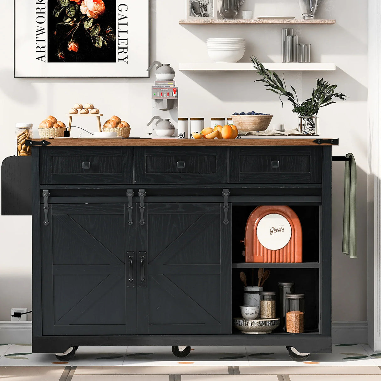 Farmhouse Kitchen Island Rolling Cart With Power Outlet - Omega Lifestyles