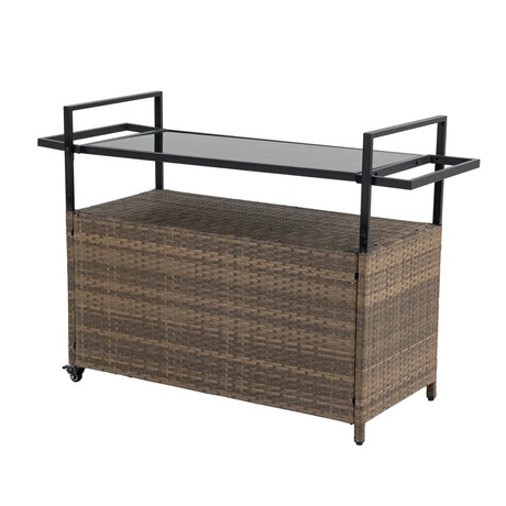 Outdoor Wicker Bar Cart With Glass Top And Wheels - Omega Lifestyles