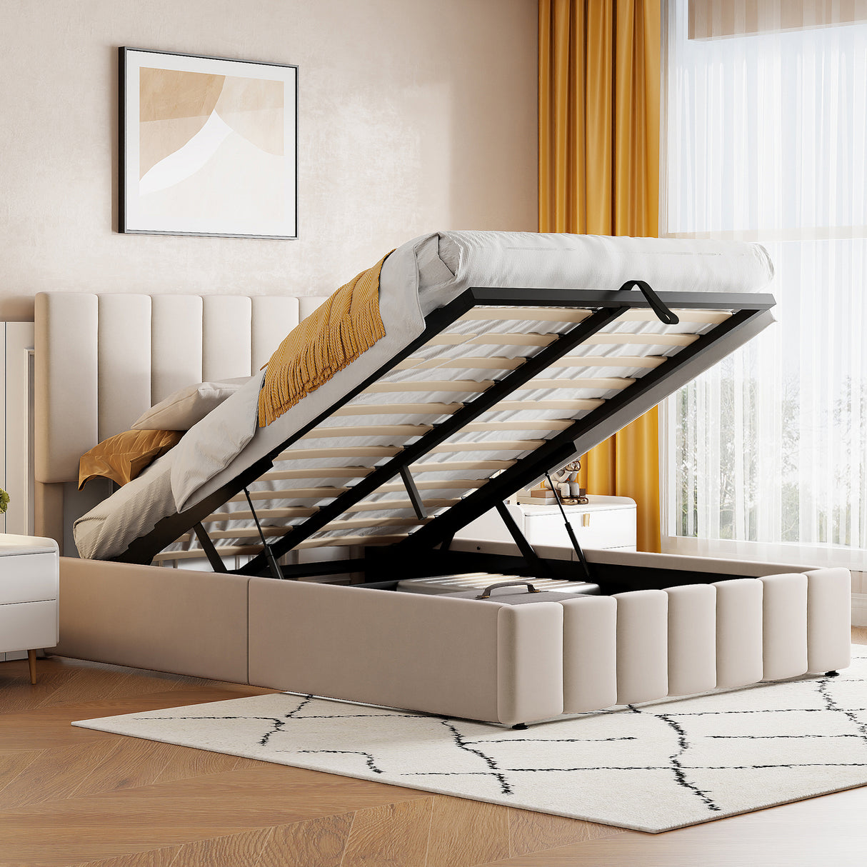 Full Upholstered Hydraulic Storage Platform Bed Frame Full