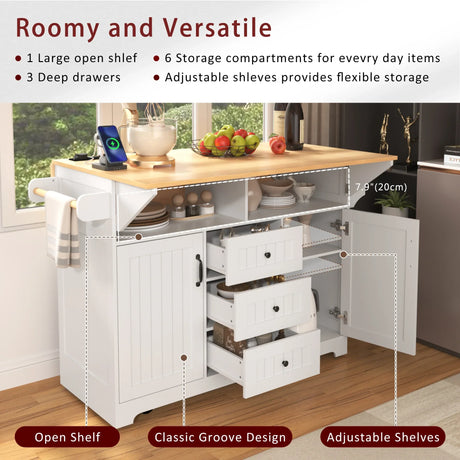 Folding Kitchen Island Cart With Power Outlet and Storage - Omega Lifestyles