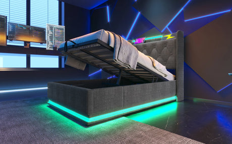 Twin Upholstered Linen Storage Bed With LED Lighting - Omega Lifestyles