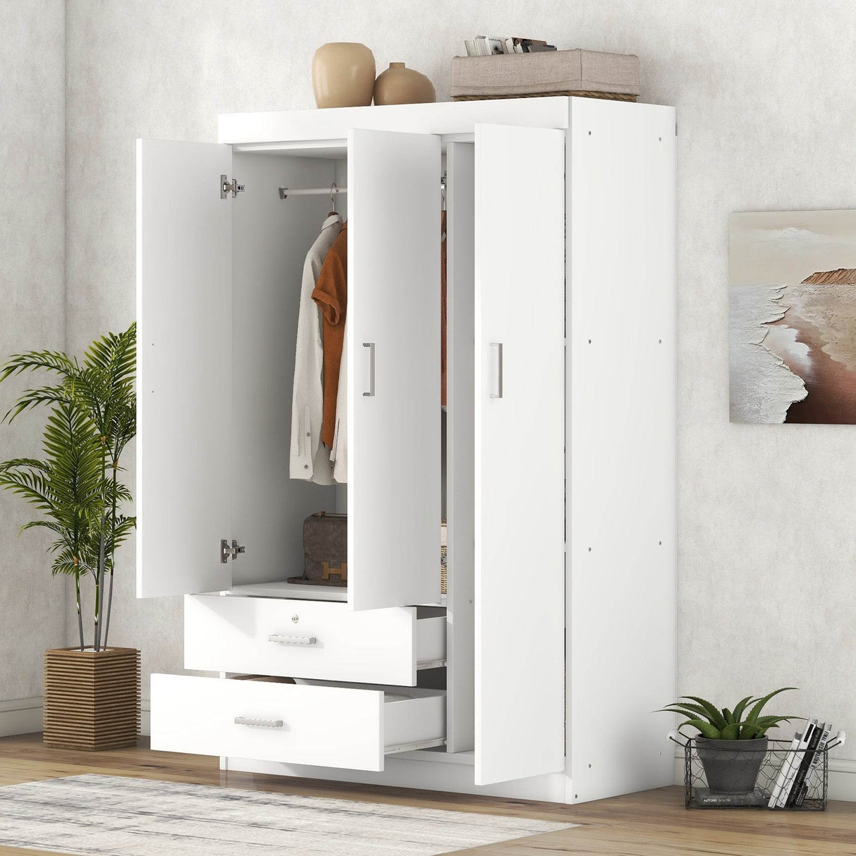 Contemporary White 3-Door Wardrobe With Drawers
