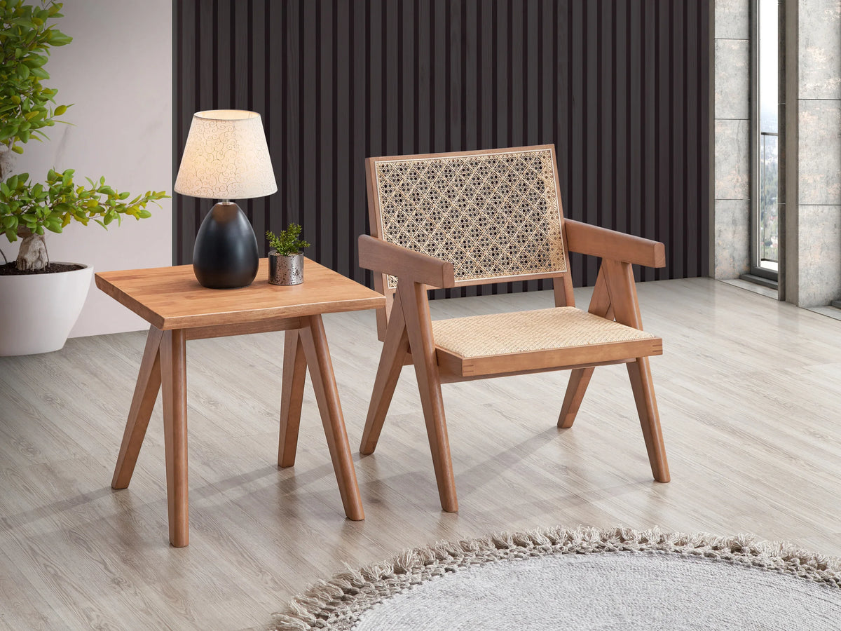 2-Piece Natural Wood Rattan Accent Chair And End Table Set - Omega Lifestyles