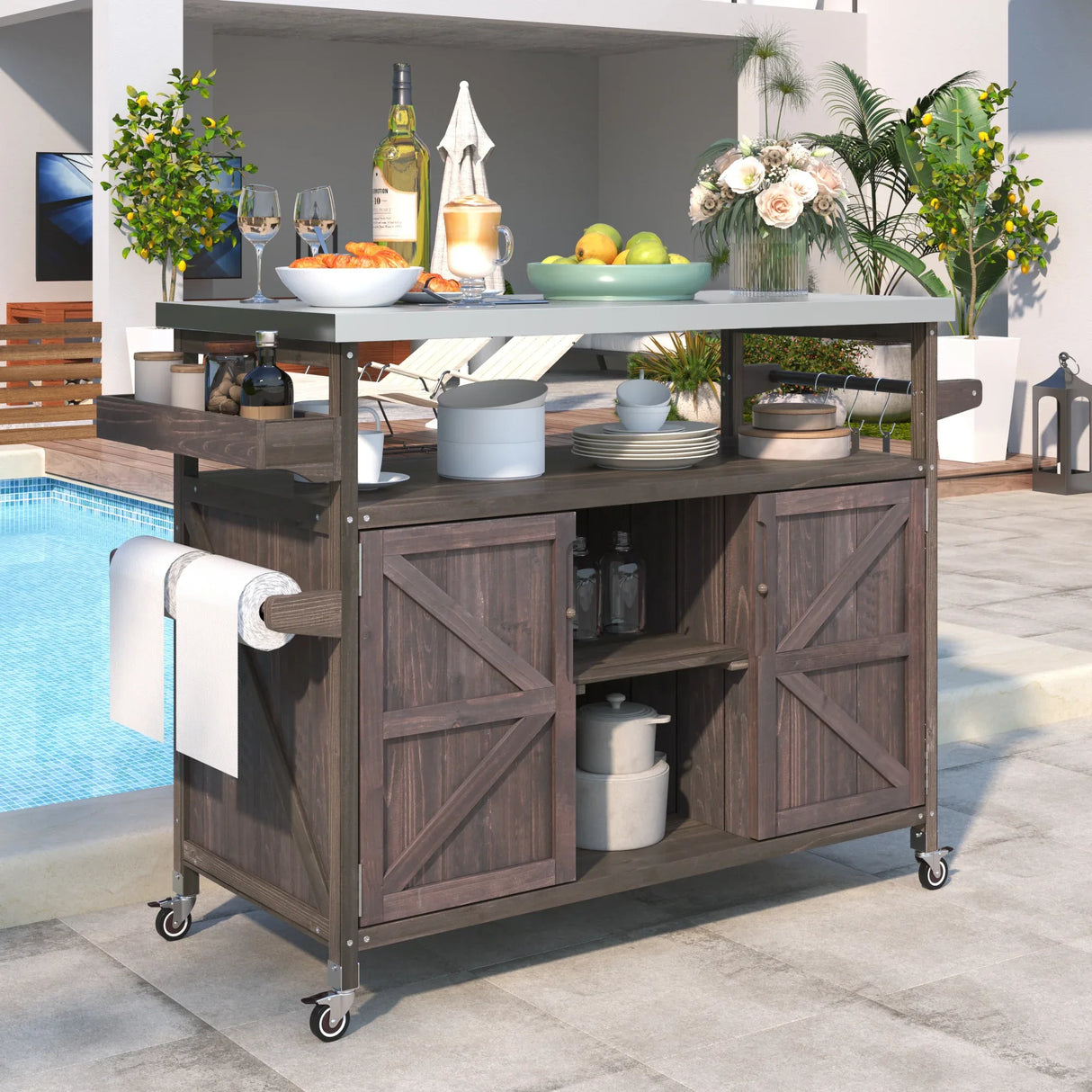 Farmhouse Solid Fir Wood Outdoor Bar Cart With Stainless Steel Top - Omega Lifestyles