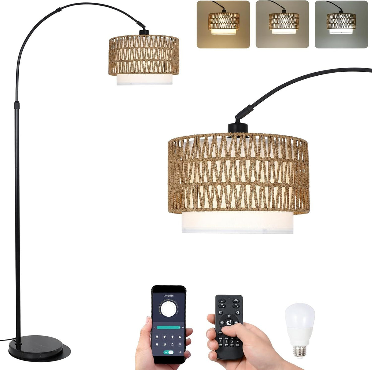 Adjustable Height Boho Rattan LED Arc Floor Lamp