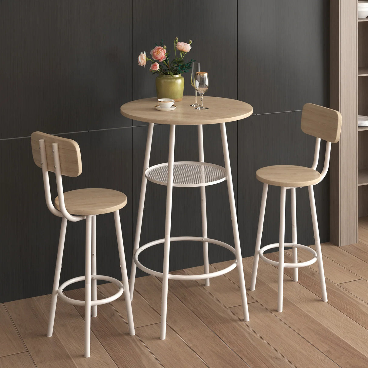 3-Piece White Oak MDF Dining Table Set With Stools - Omega Lifestyles