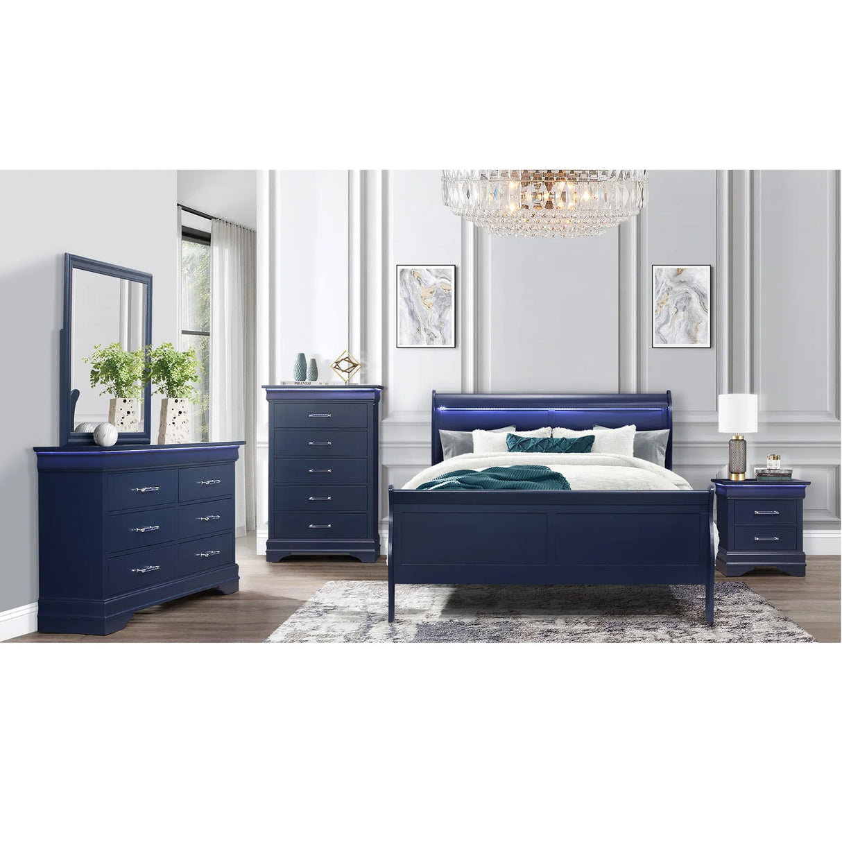 Transitional Blue LED Lighting Solid Wood Dresser - Omega Lifestyles