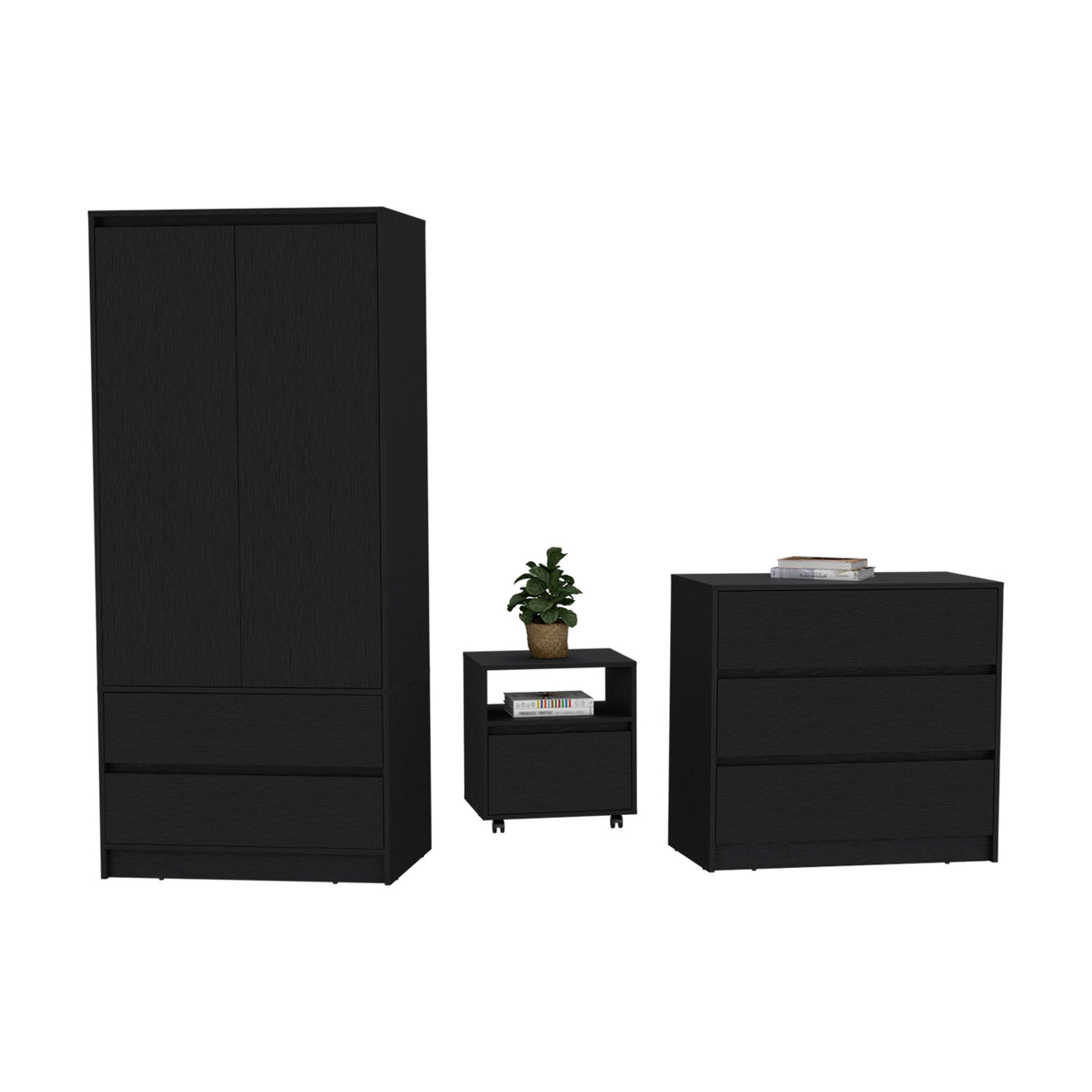 3-Piece Engineered Wood Black Bedroom Set With Storage