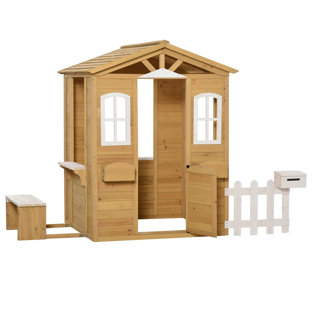 Kids Outdoor Wooden Playhouse With Door Windows Mailbox - Omega Lifestyles