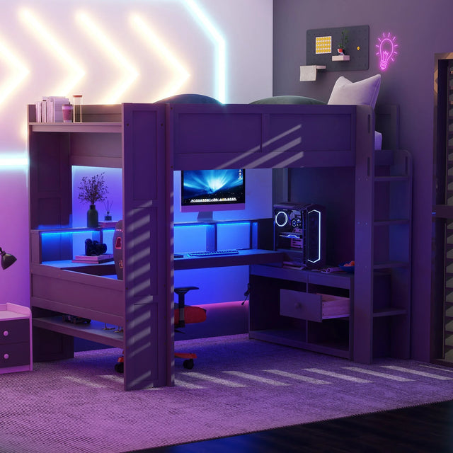 Full Wood Gaming Loft Bed Frame With Desk LED Charging Station - Omega Lifestyles