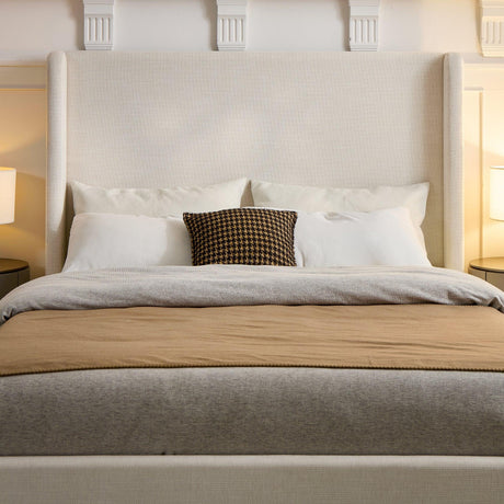 Queen Minimalist Upholstered Wingback Fabric Metal Bed Frame - Omega Lifestyles