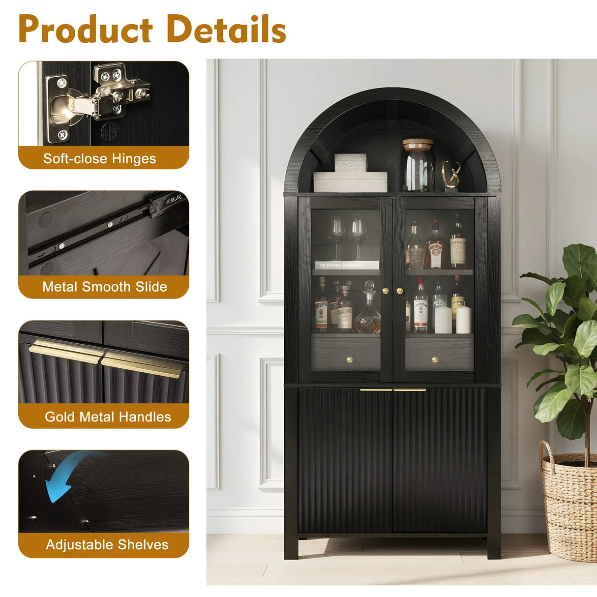 Modern Fluted Tall Arched Adjustable Shelf Pantry Cabinet - Omega Lifestyles