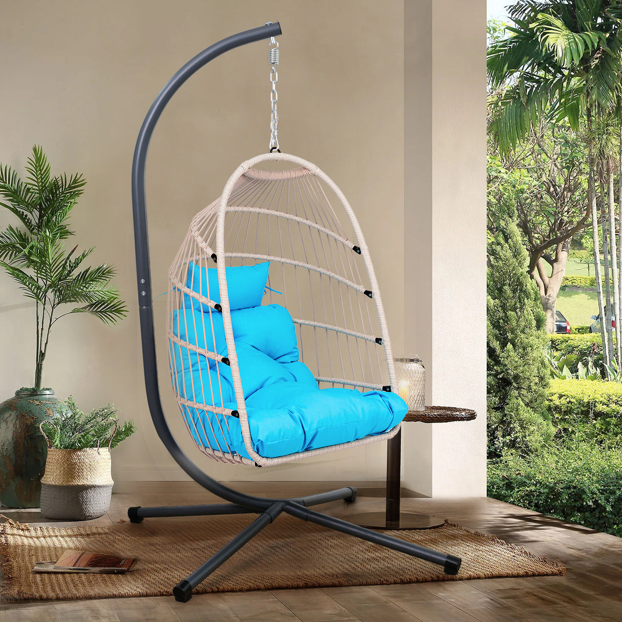 Outdoor Wicker Egg Hanging Chair With Stand