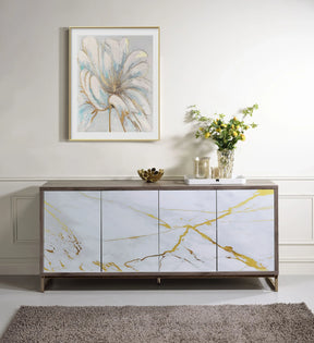 White Marble Oak Champagne Synthetic Wood Console Cabinet - Omega Lifestyles
