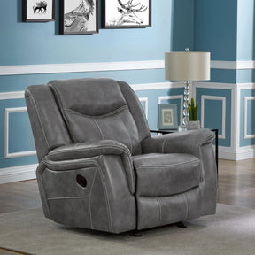 Grey Upholstered Faux Leather Padded Arm Glider Recliner - Omega Lifestyles