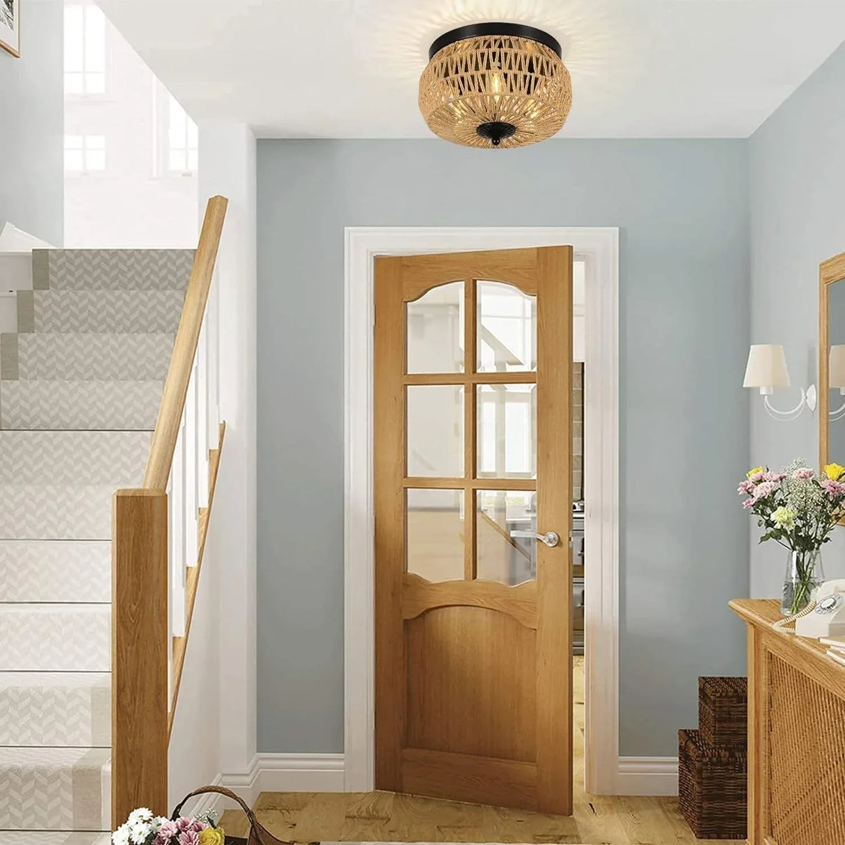 Hand-Woven Rattan Flush Mount 3-Light Ceiling Fixture - Omega Lifestyles