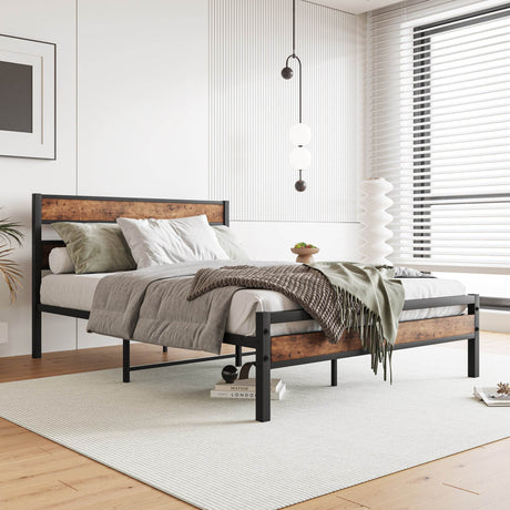 Full Full-Size Industrial Metal And Wood Platform Bed Frame - Omega Lifestyles