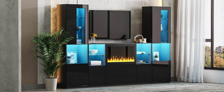 Modern Black LED Fireplace TV Stand with Shelves - Omega Lifestyles