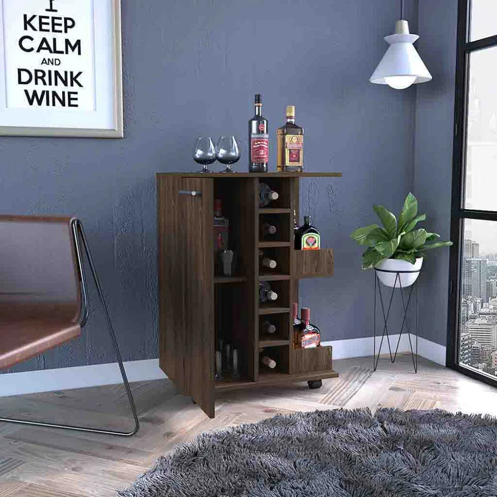 Brown Particle Board Bar Cart With Casters And Shelves - Omega Lifestyles
