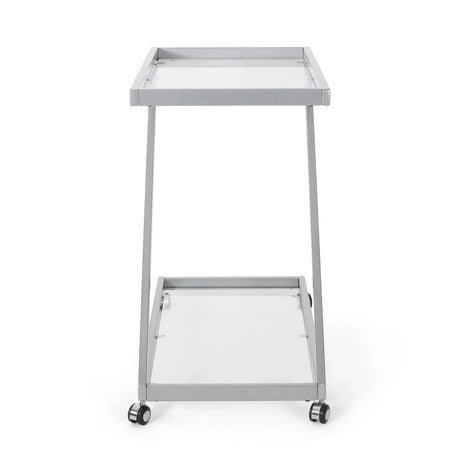 Modern Z-Shaped Silver Glass And Metal Bar Cart - Omega Lifestyles